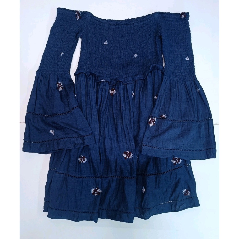 Free People Womens M Counting Daisies Blue Embroidered Long Sleeve Dress Cottage